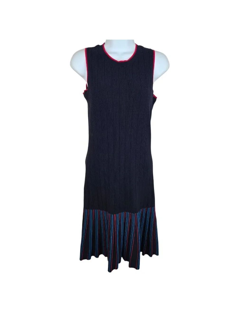Tommy Hilfiger Sleeveless Ribbed Knit Dress Womens S Navy Blue Red Trim Striped